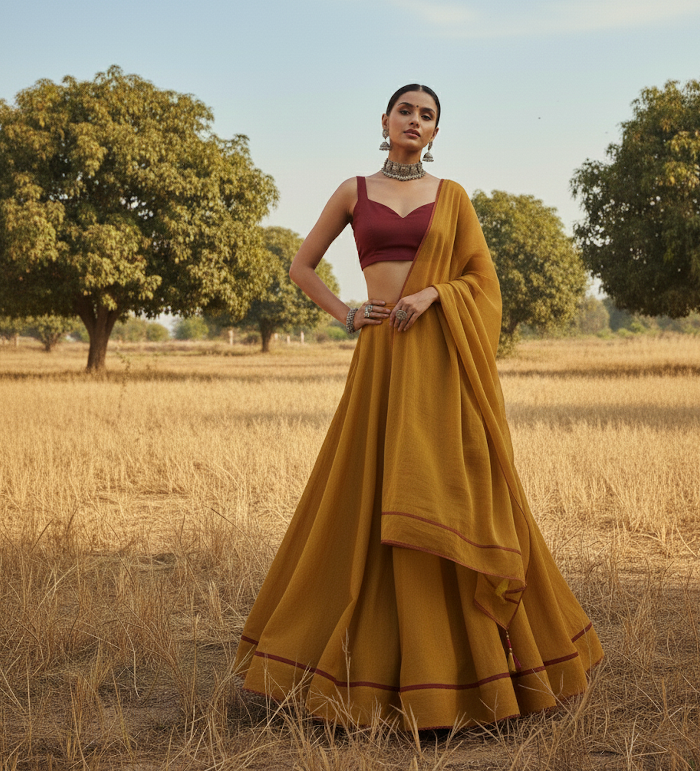 Mustard and Wine Lehenga Set