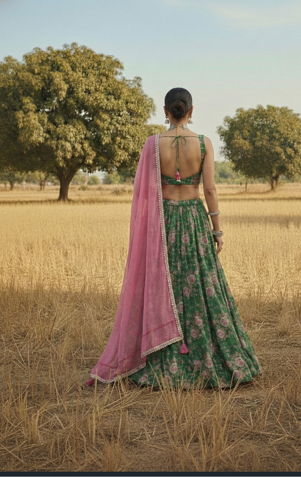Green Floral Printed Lehenga Set