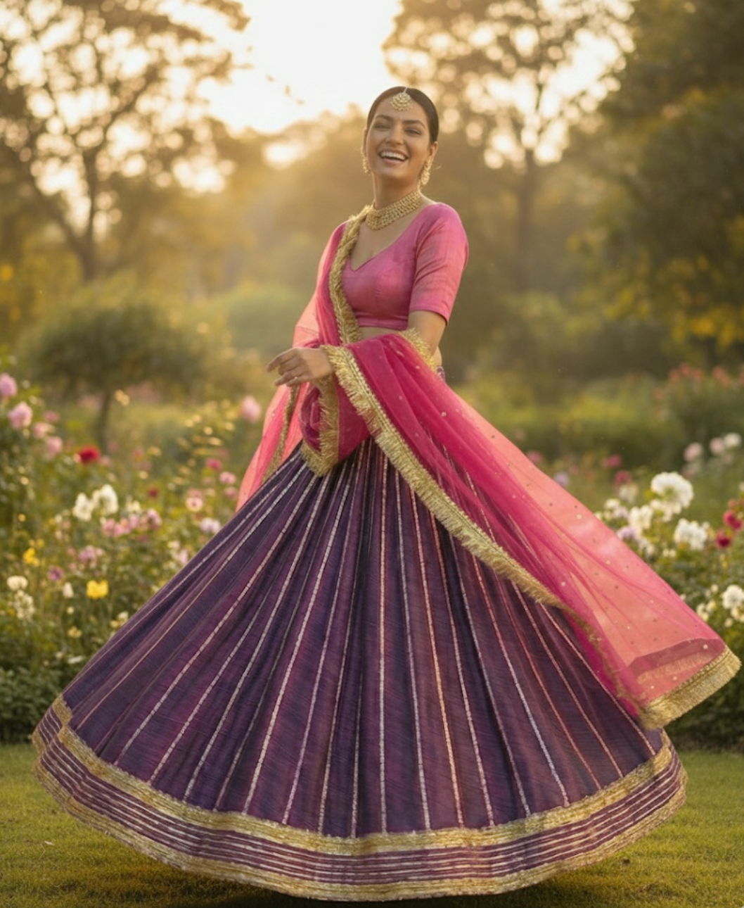 Plum-Purple & Fuchsia Pink Raw Silk Lehenga