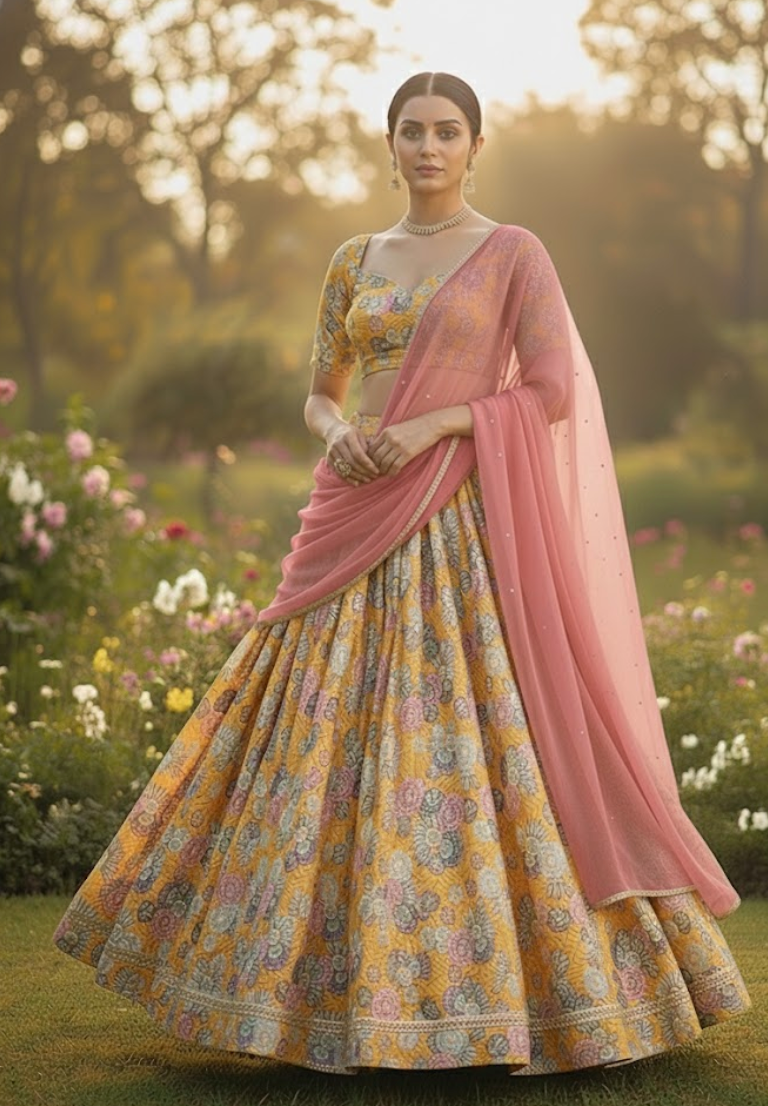 Yellow Floral Lehenga with Rose Pink Dupatta