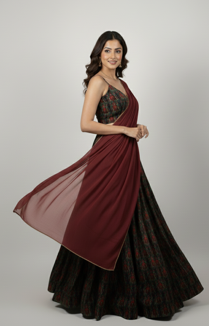 Midnight Ikat & Maroon Organza Set