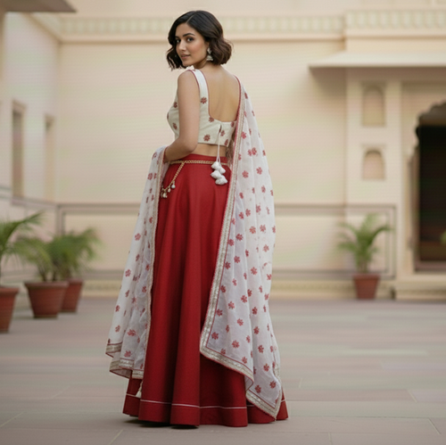 Crimson Red and Ivory Lehenga Set