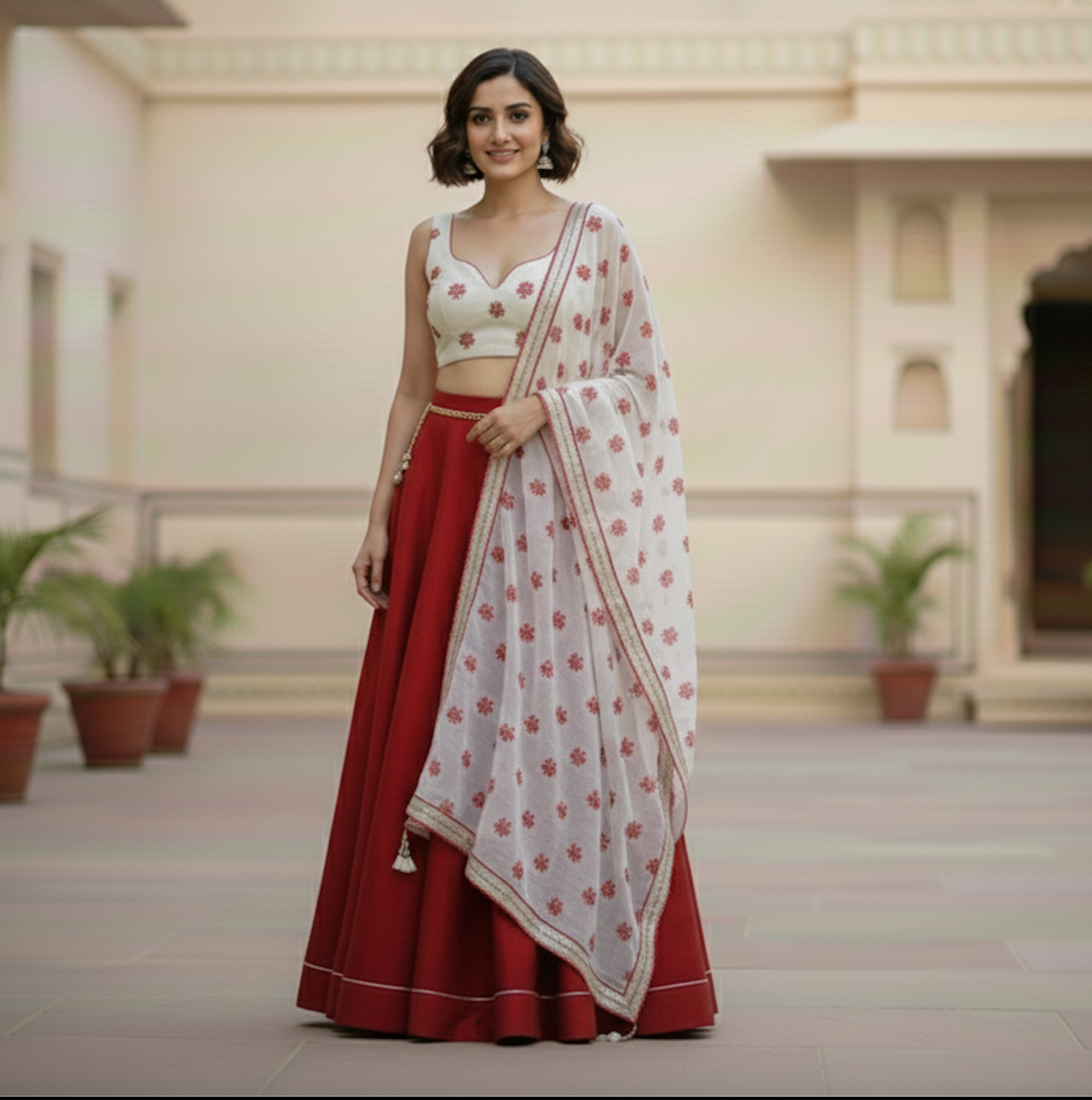 Crimson Red and Ivory Lehenga Set