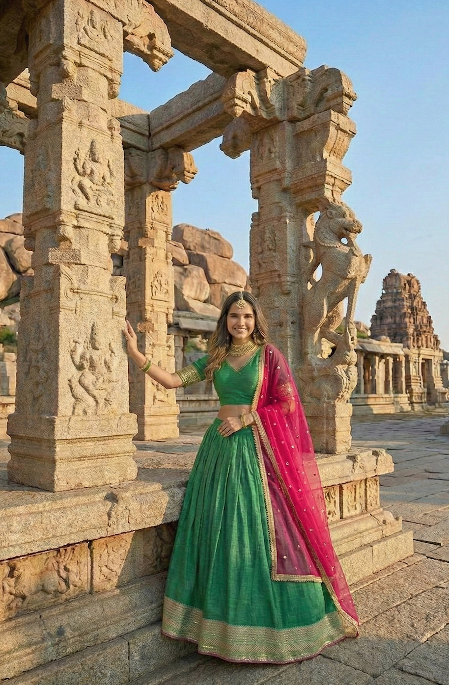 Emerald Green & Blush Pink Raw Silk Lehenga Set