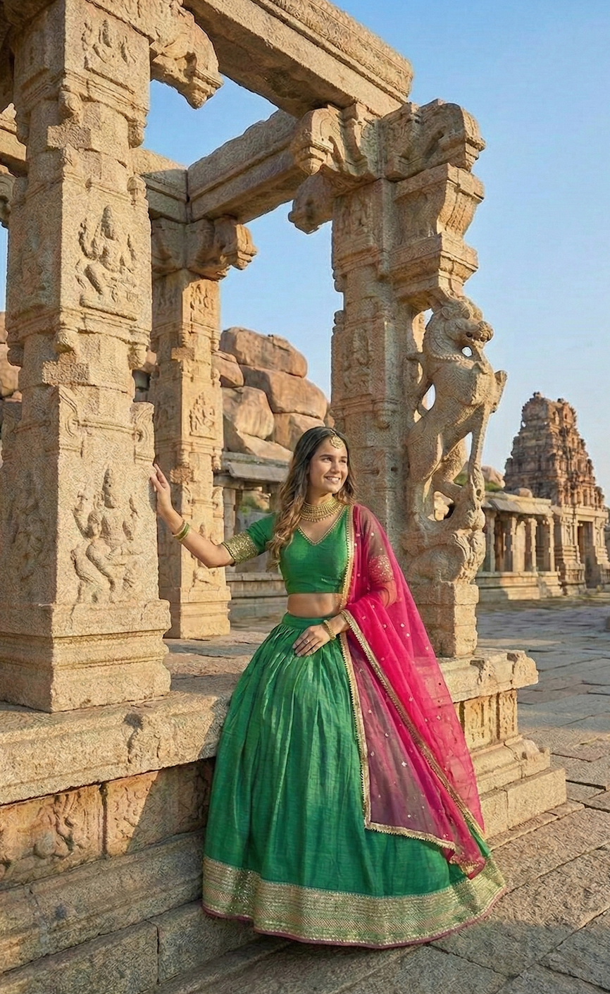 Emerald Green & Blush Pink Raw Silk Lehenga Set