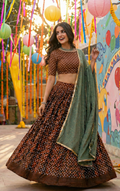 Cocoa Brown Bandhani Lehenga with Sage Dupatta