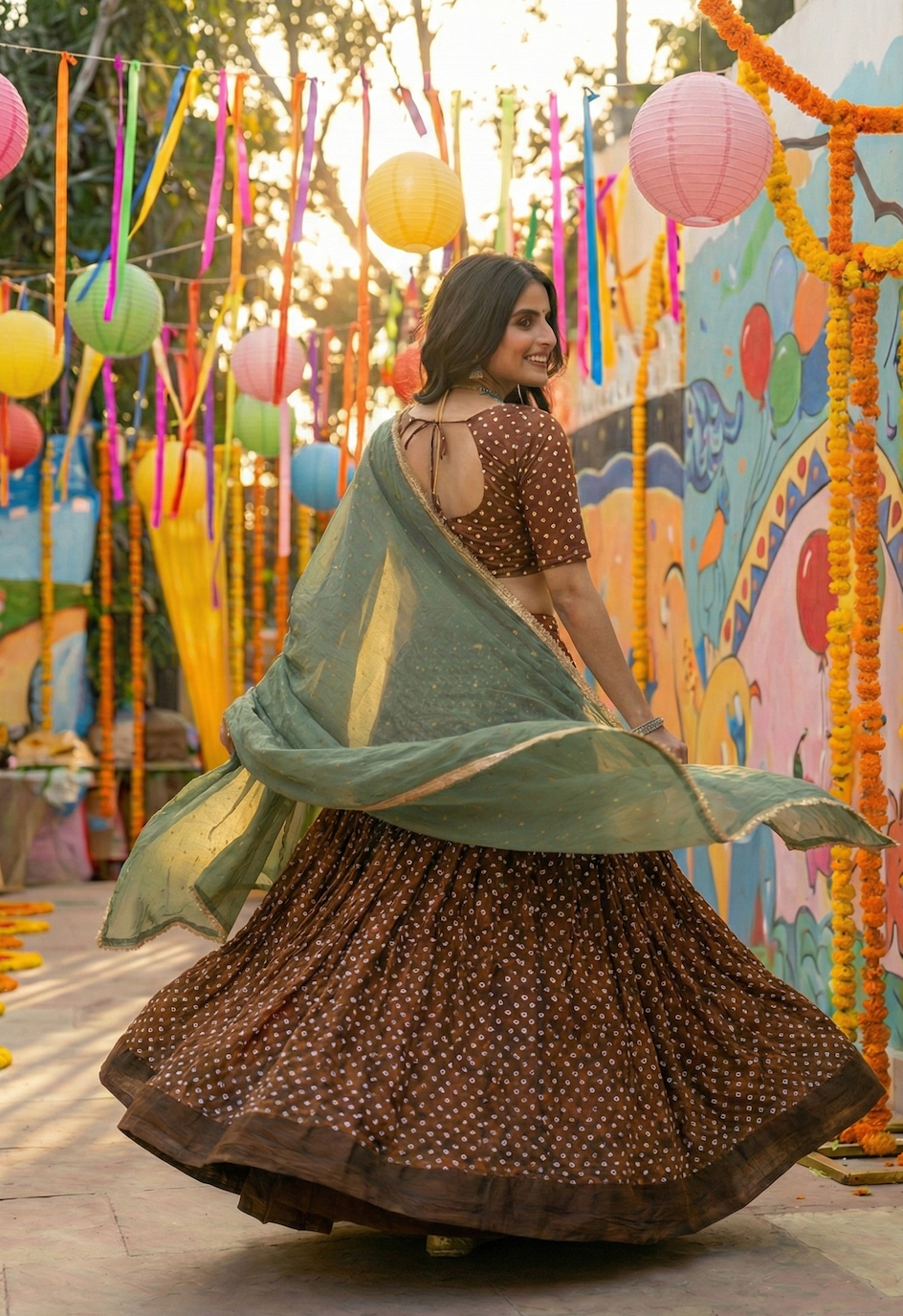 Cocoa Brown Bandhani Lehenga with Sage Dupatta