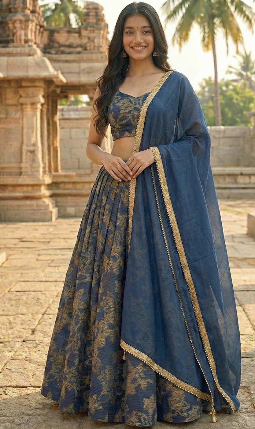 Textured Blue Kali Lehenga with Minimalist Dupatta