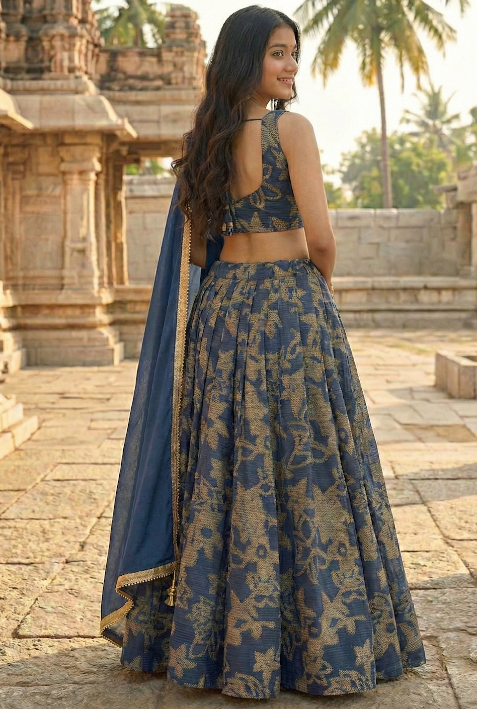Textured Blue Kali Lehenga with Minimalist Dupatta