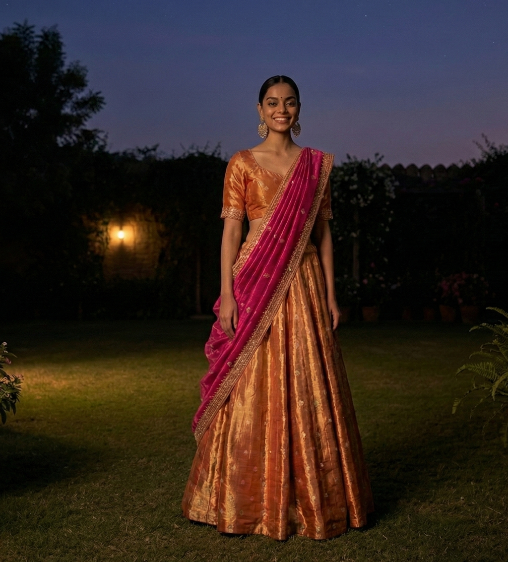Burnt Orange Lehenga with Fuchsia Dupatta