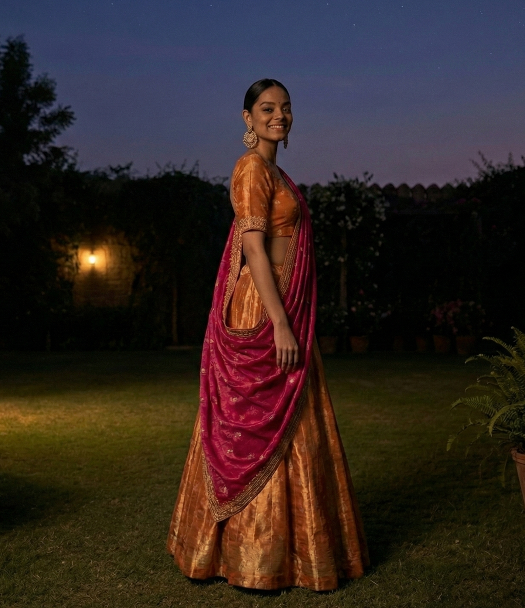 Burnt Orange Lehenga with Fuchsia Dupatta