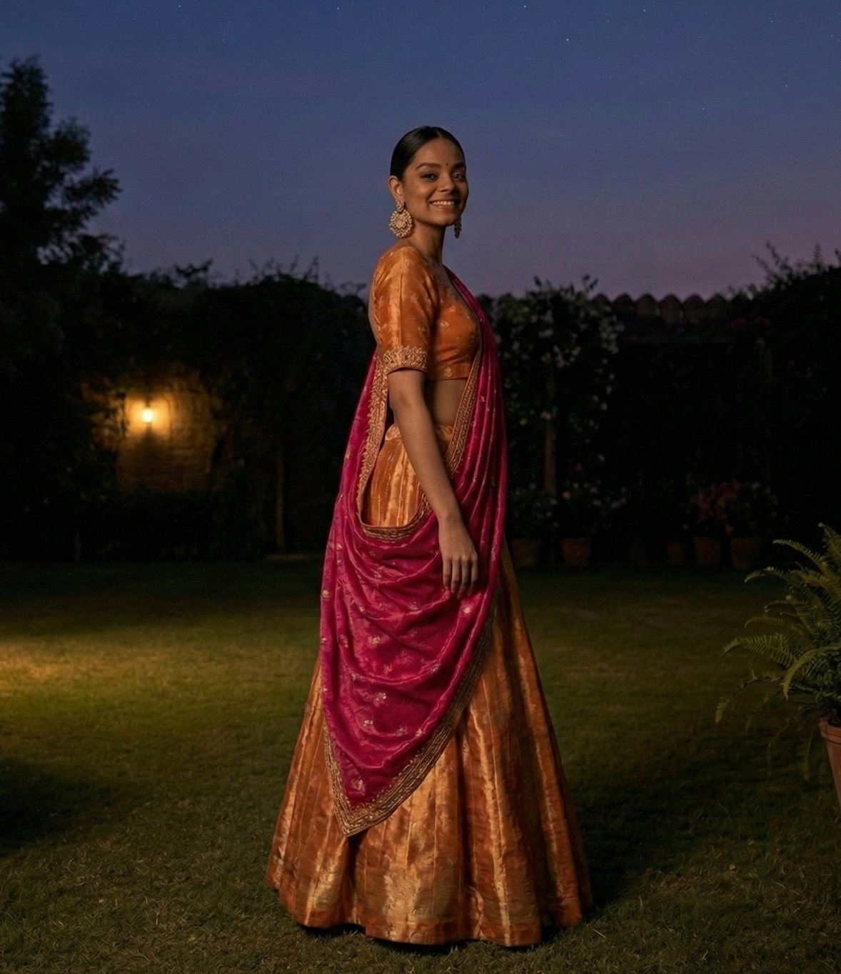 Burnt Orange Lehenga with Fuchsia Dupatta