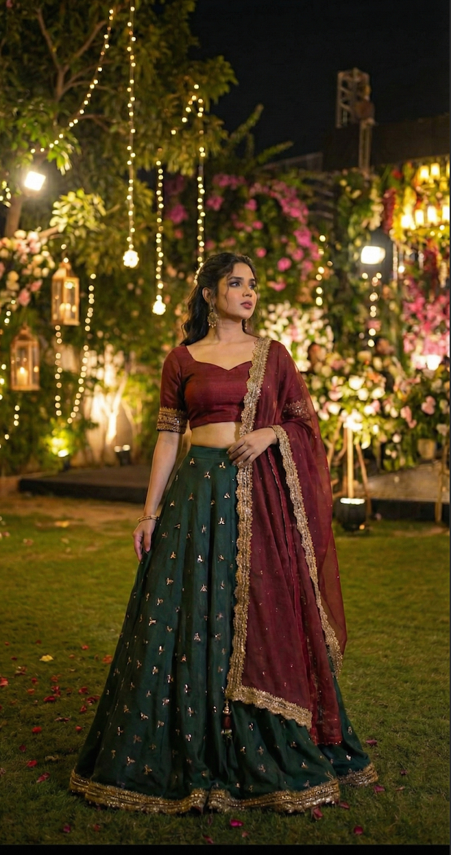 The 'Emerald & Ruby' Vintage Lace Lehenga Set
