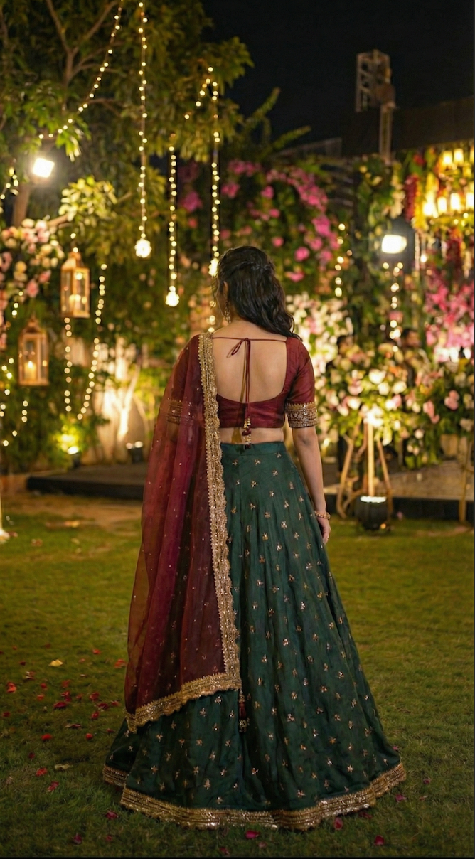 The 'Emerald & Ruby' Vintage Lace Lehenga Set