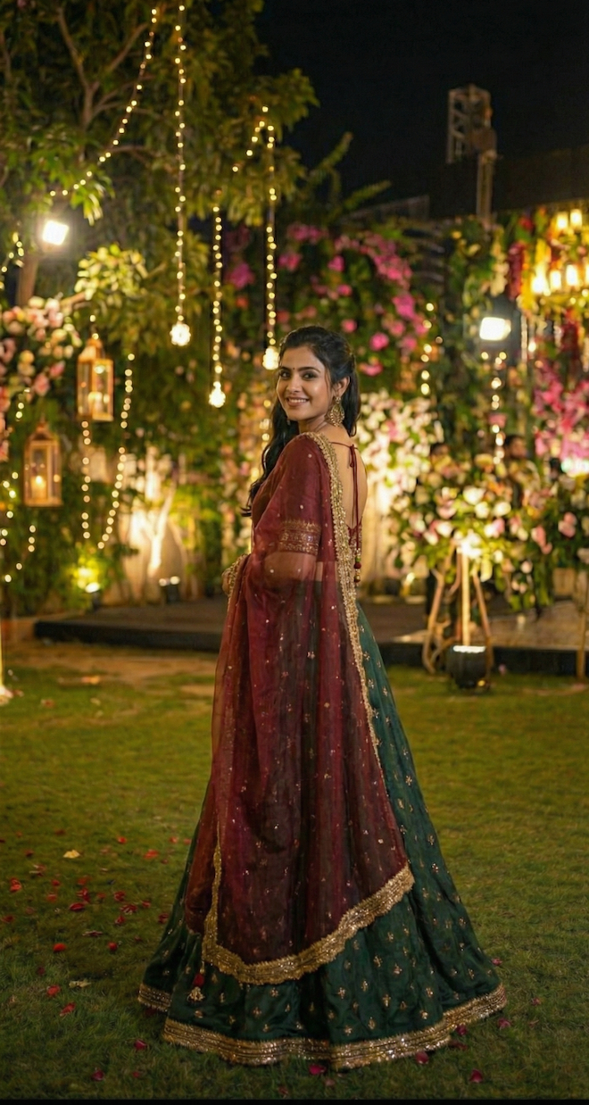 The 'Emerald & Ruby' Vintage Lace Lehenga Set