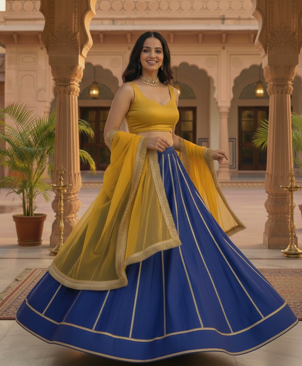 Deep Blue and bright Yellow Lehenga