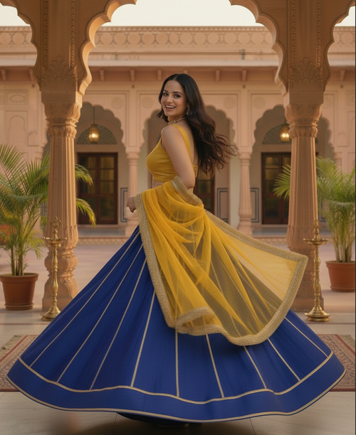 Deep Blue and bright Yellow Lehenga