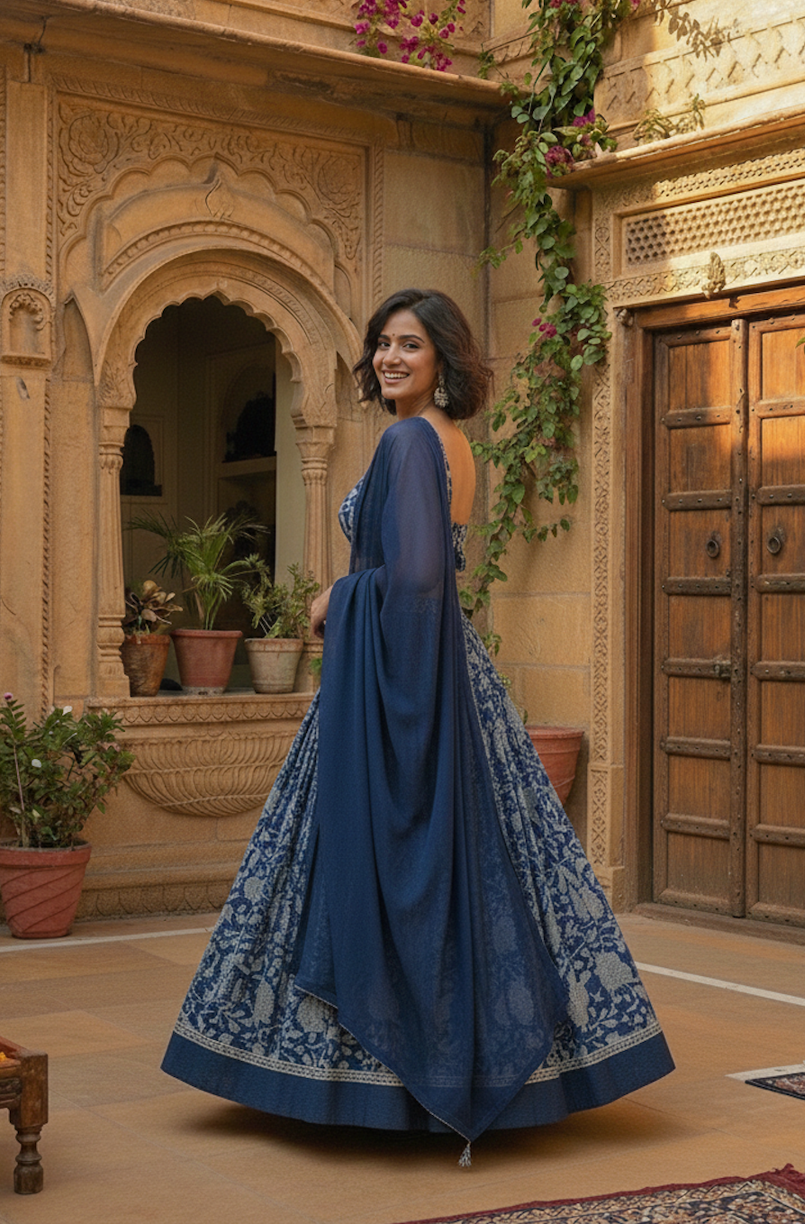 Indigo Floral Printed Lehenga Set