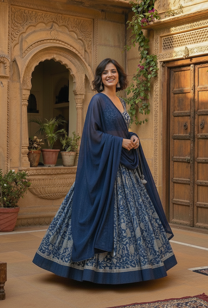 Indigo Floral Printed Lehenga Set