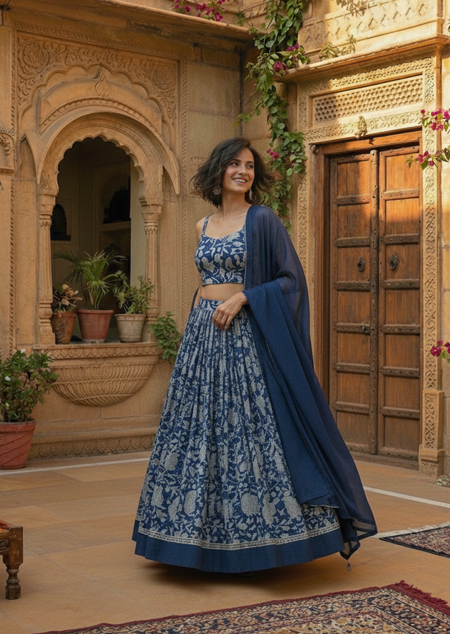 Indigo Floral Printed Lehenga Set