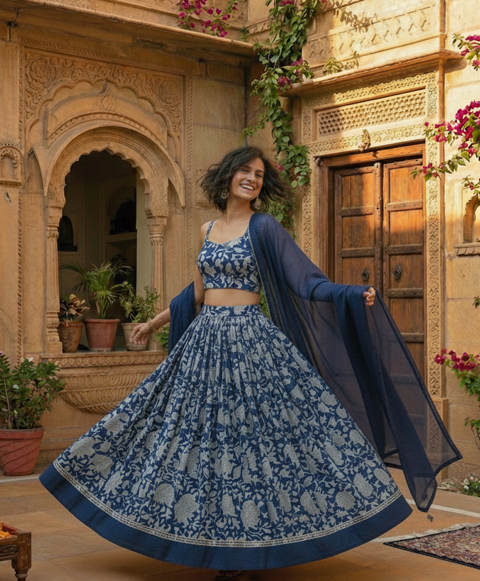 Indigo Floral Printed Lehenga Set