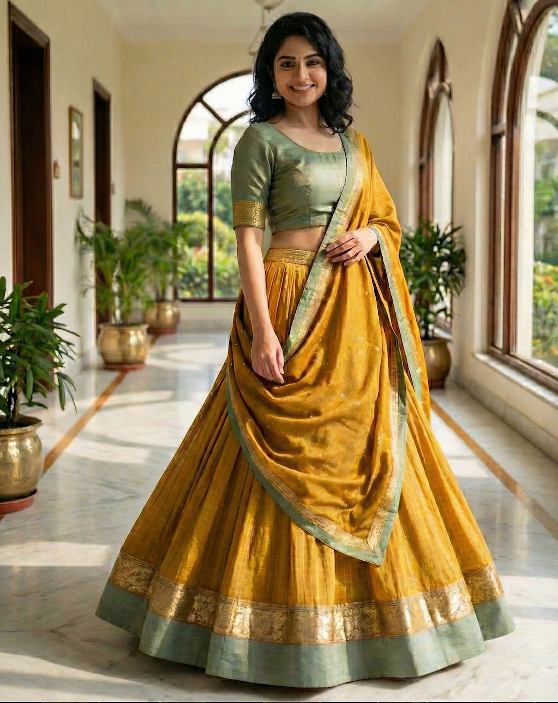 Mustard & Sage Green Lehenga Set