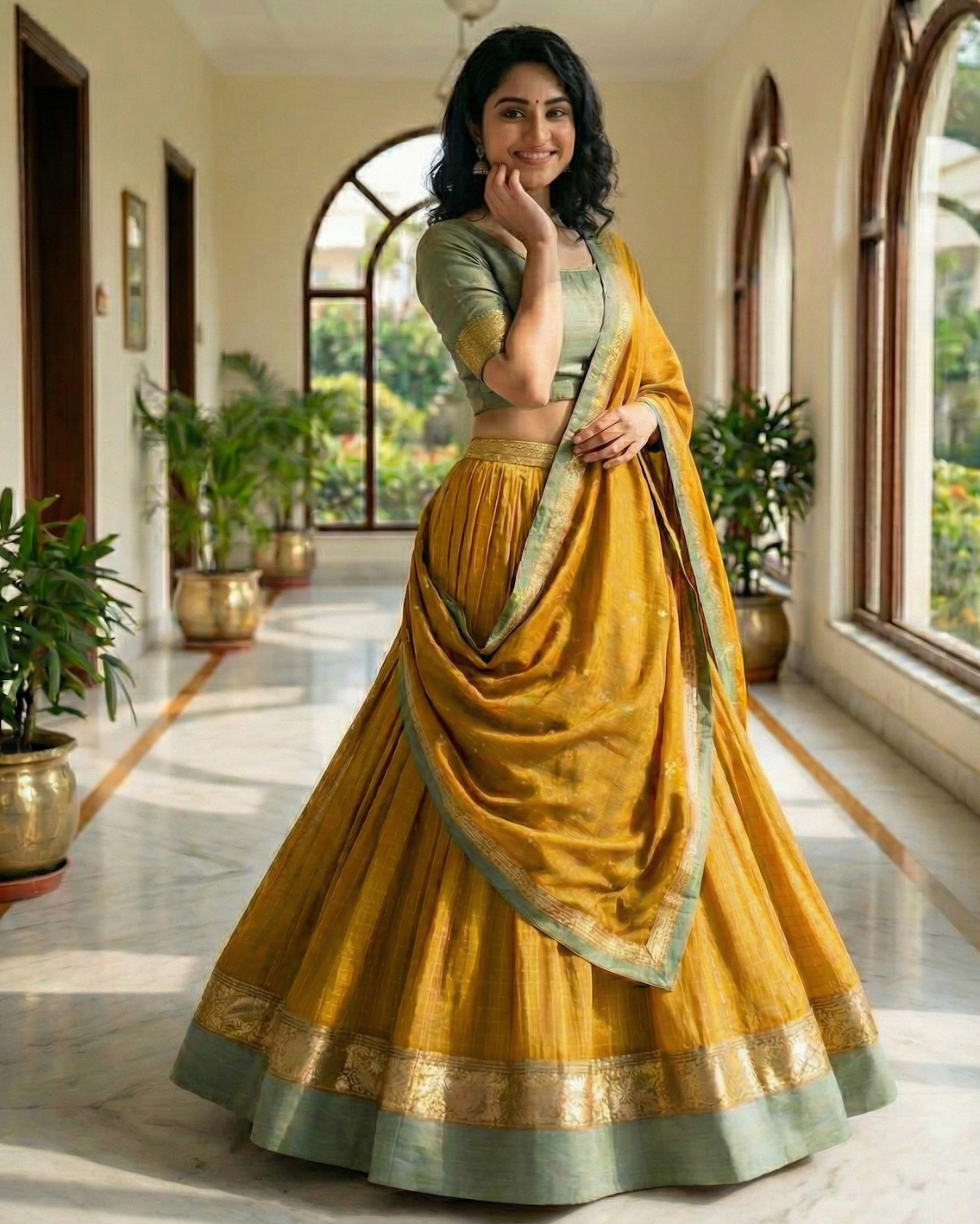 Mustard & Sage Green Lehenga Set