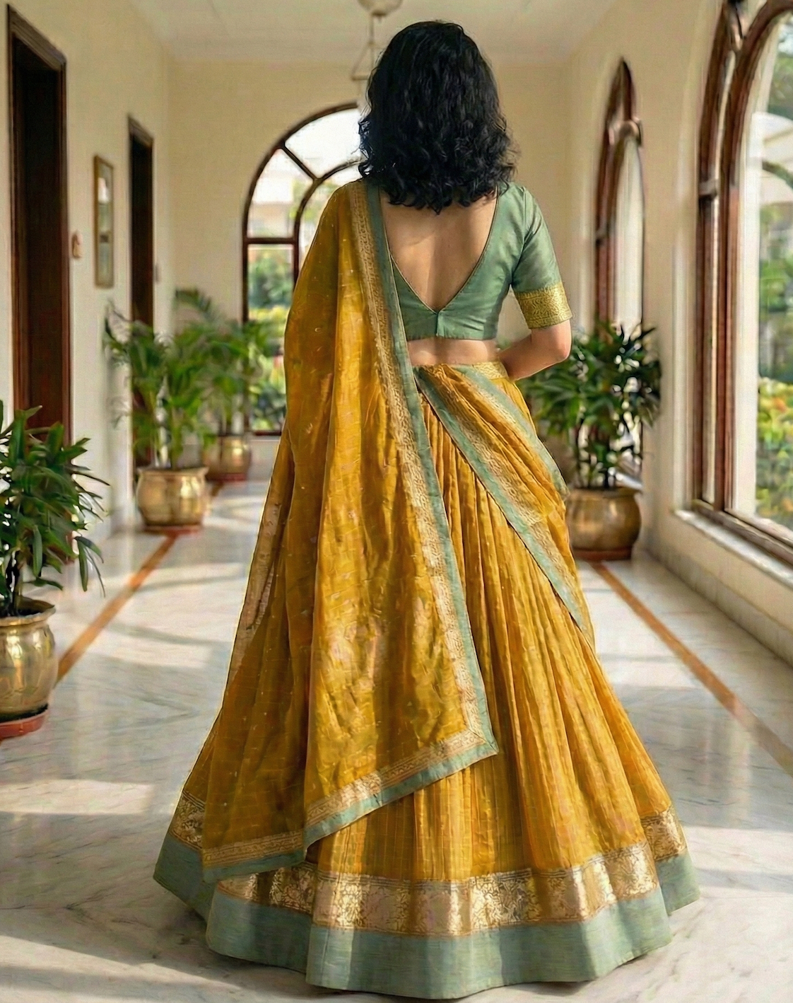 Mustard & Sage Green Lehenga Set