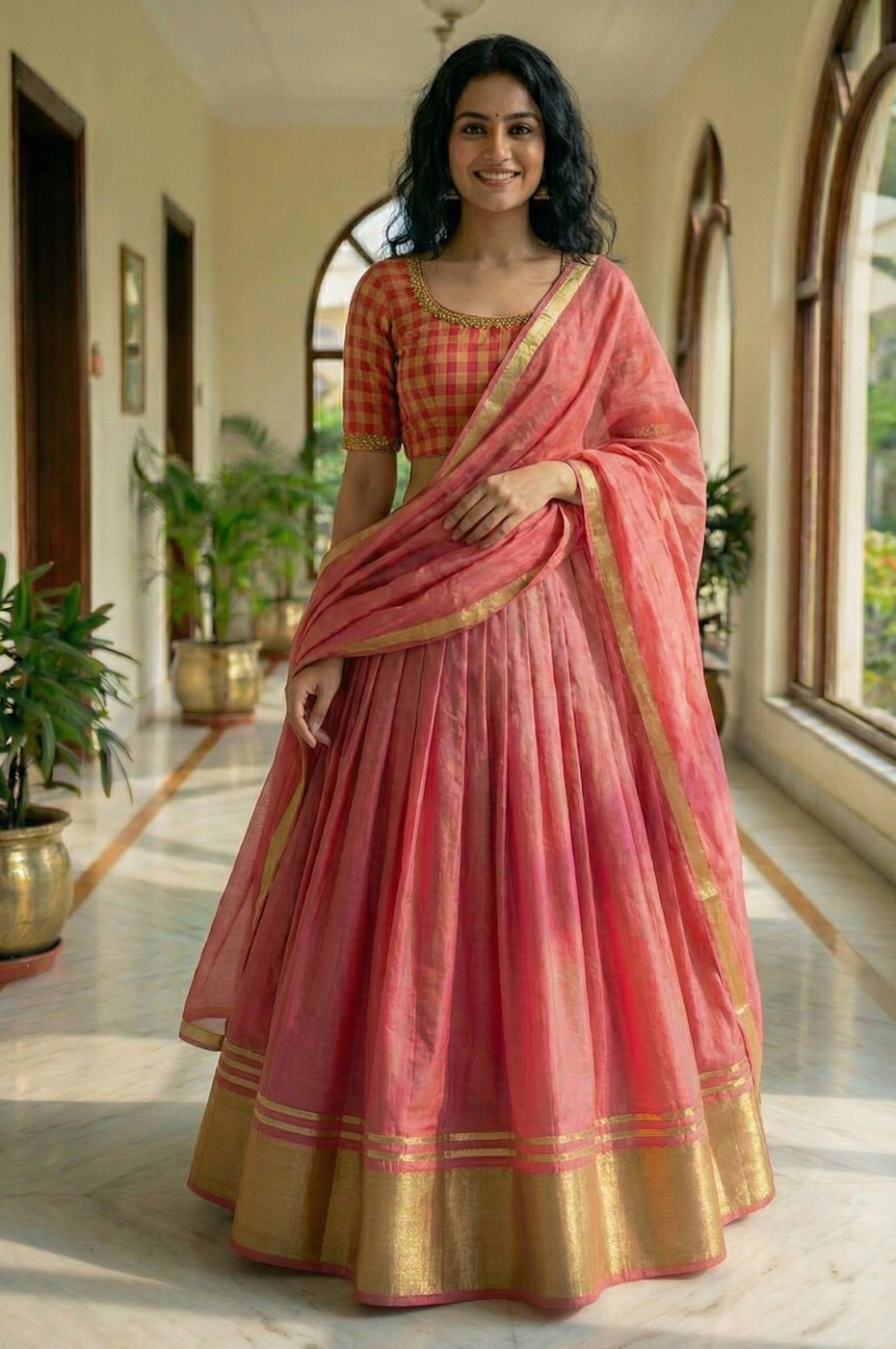 Pink Silk with Checkered Blouse Lehenga Set