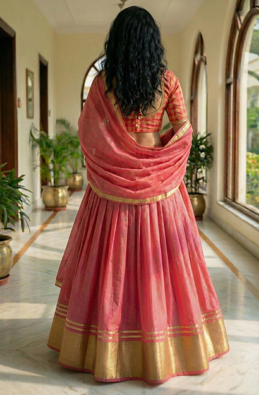 Pink Silk with Checkered Blouse Lehenga Set