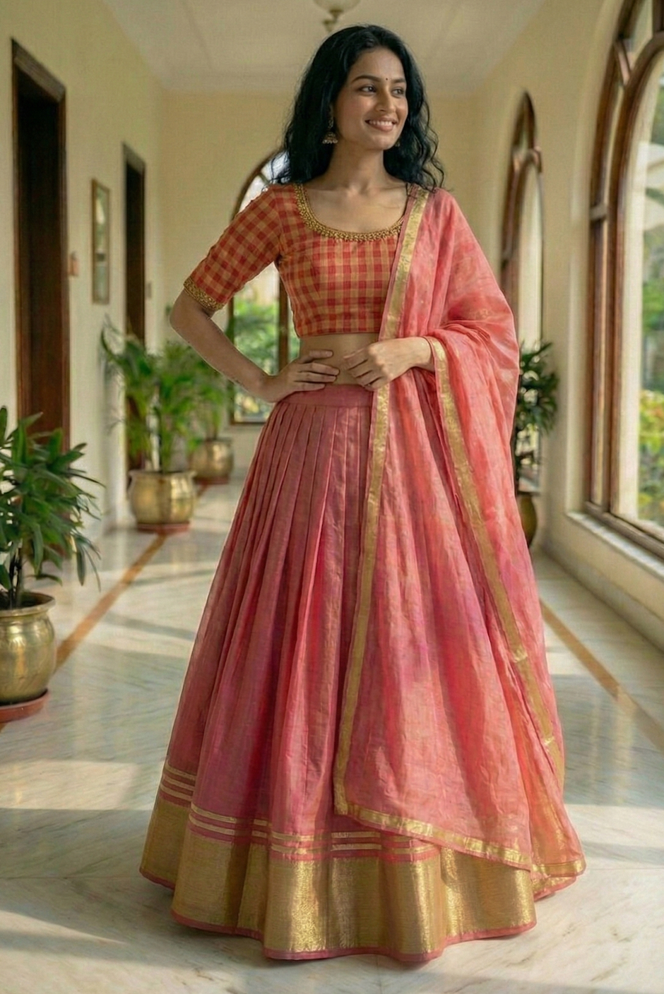 Pink Silk with Checkered Blouse Lehenga Set