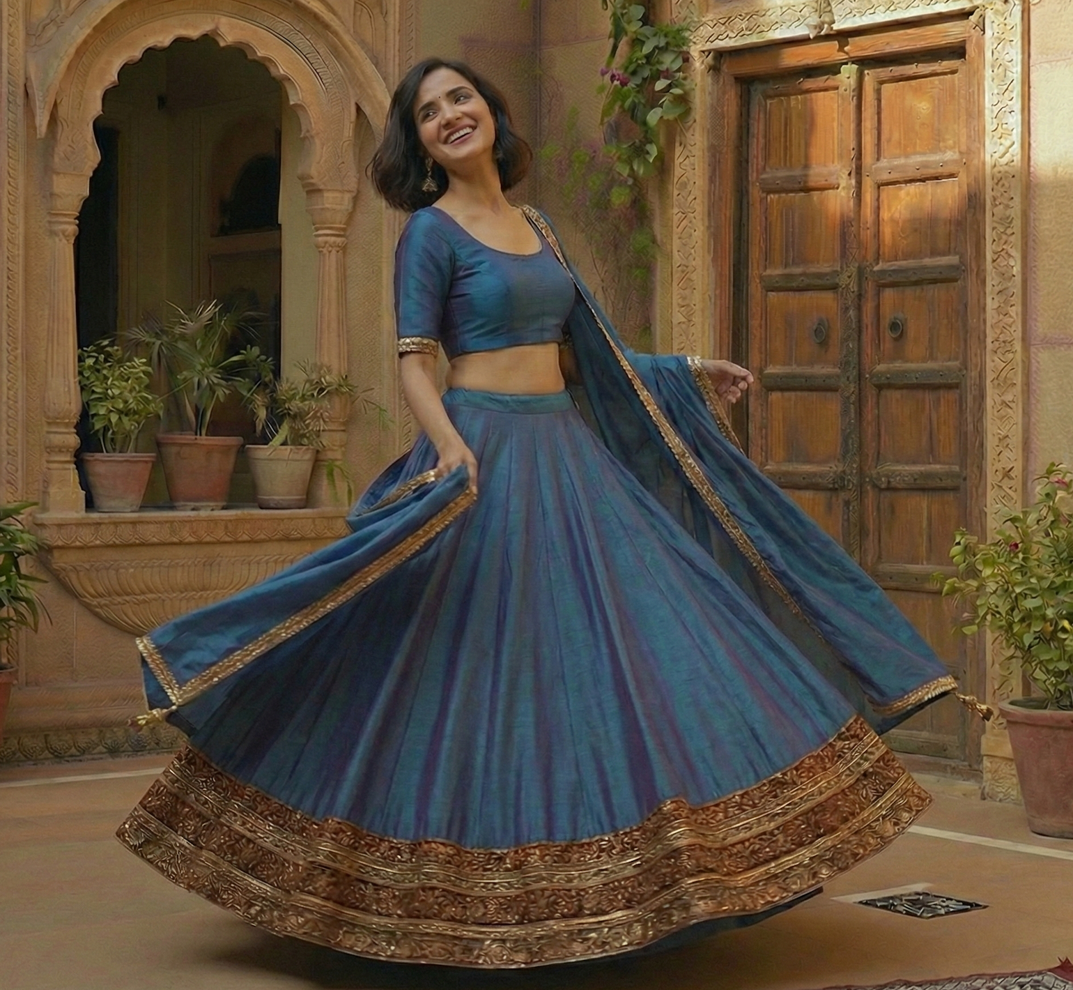 The Teal Raw Silk Lehenga Set