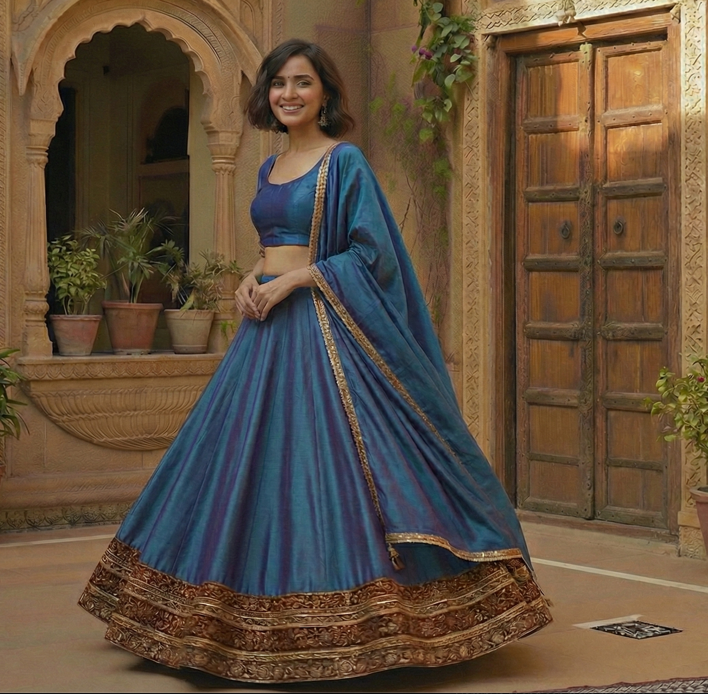 The Teal Raw Silk Lehenga Set