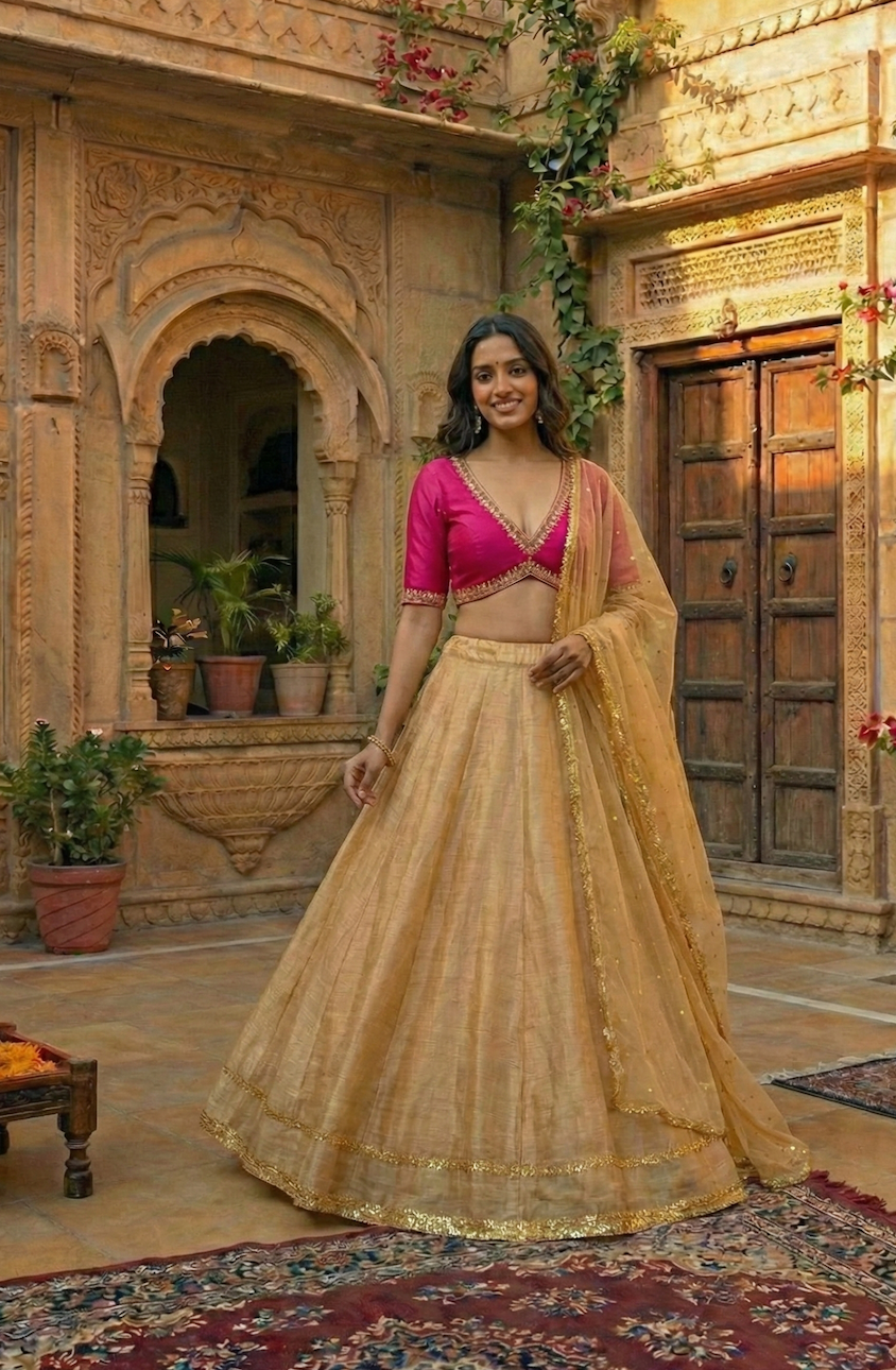 The Gold and Rani pink Lehenga Set
