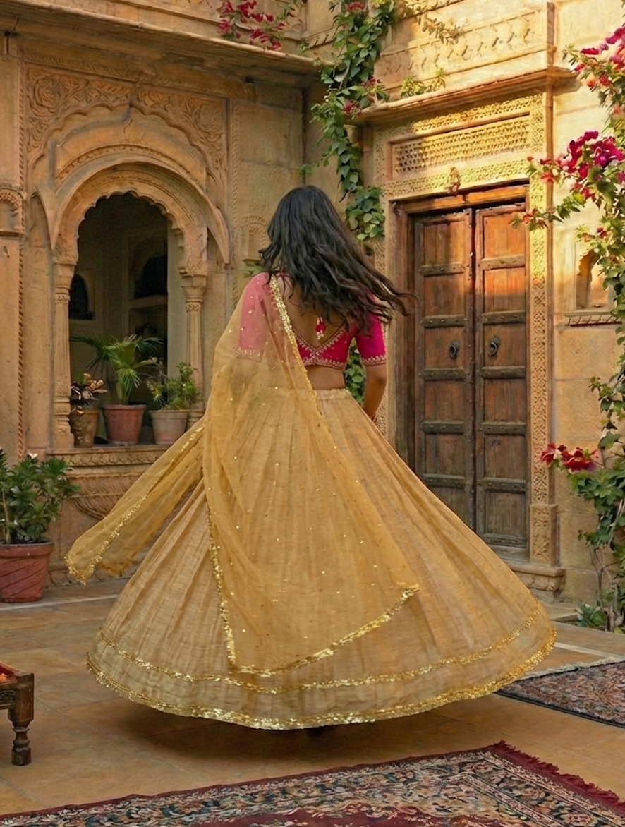 The Gold and Rani pink Lehenga Set