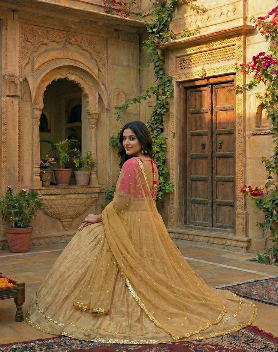 The Gold and Rani pink Lehenga Set