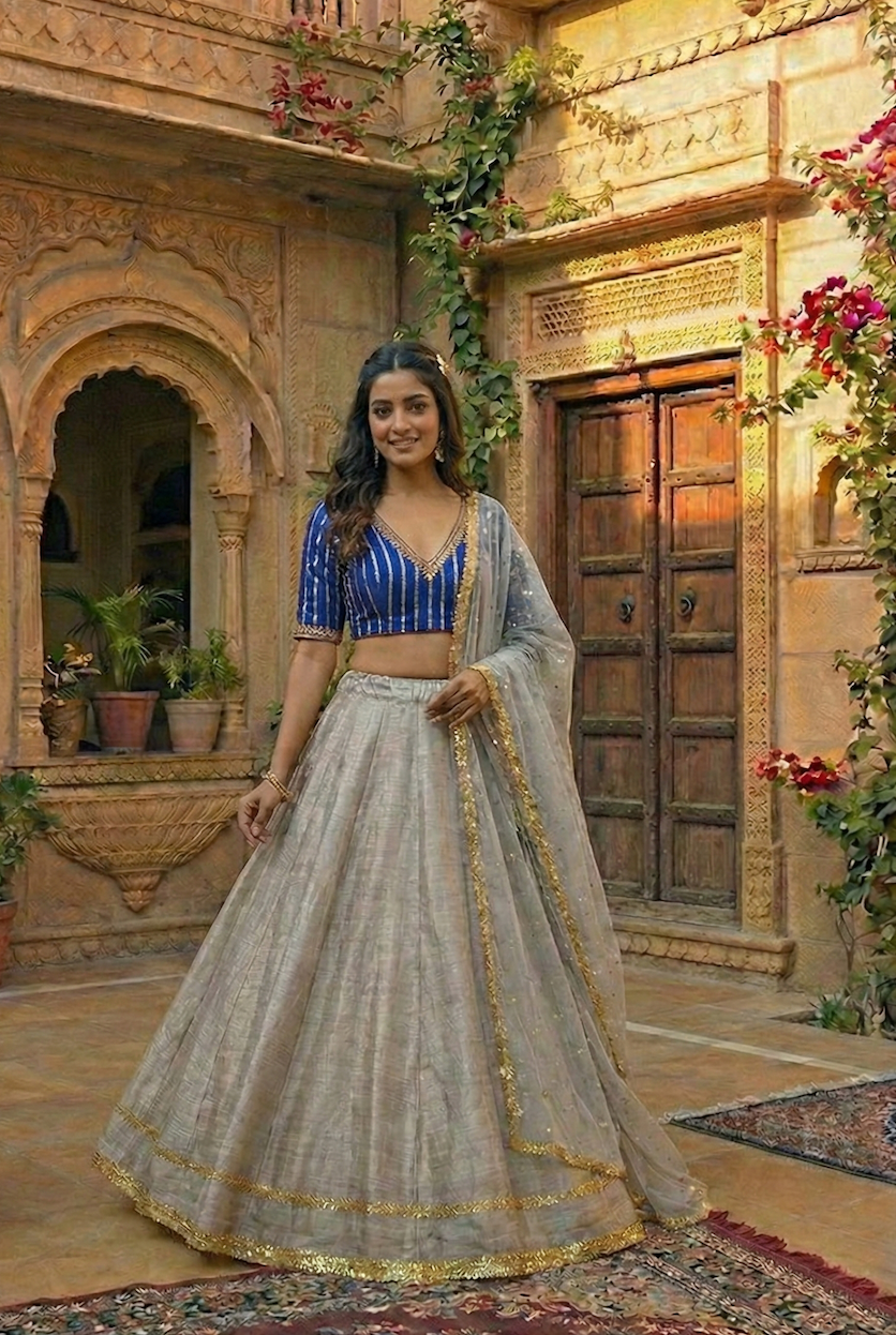 The Royal Blue & Silver-Grey Lehenga Set