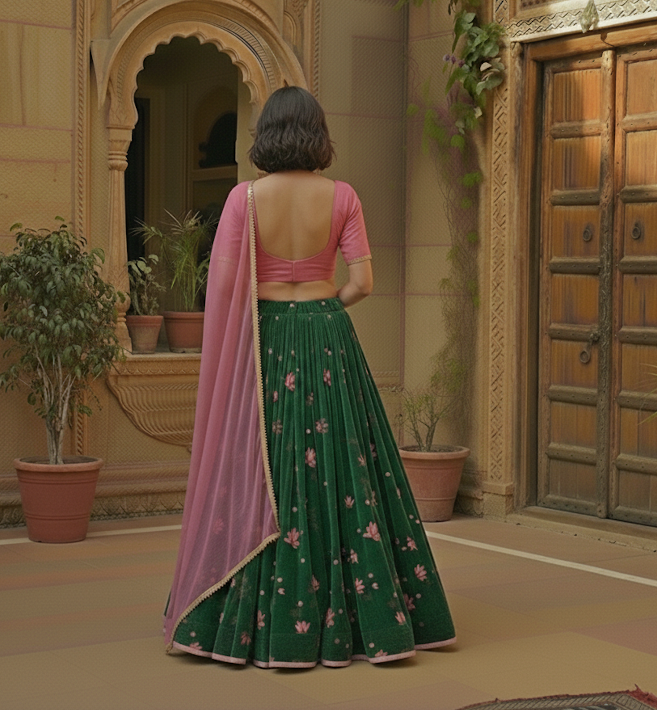 The Printed Green & Pink Lehenga Set