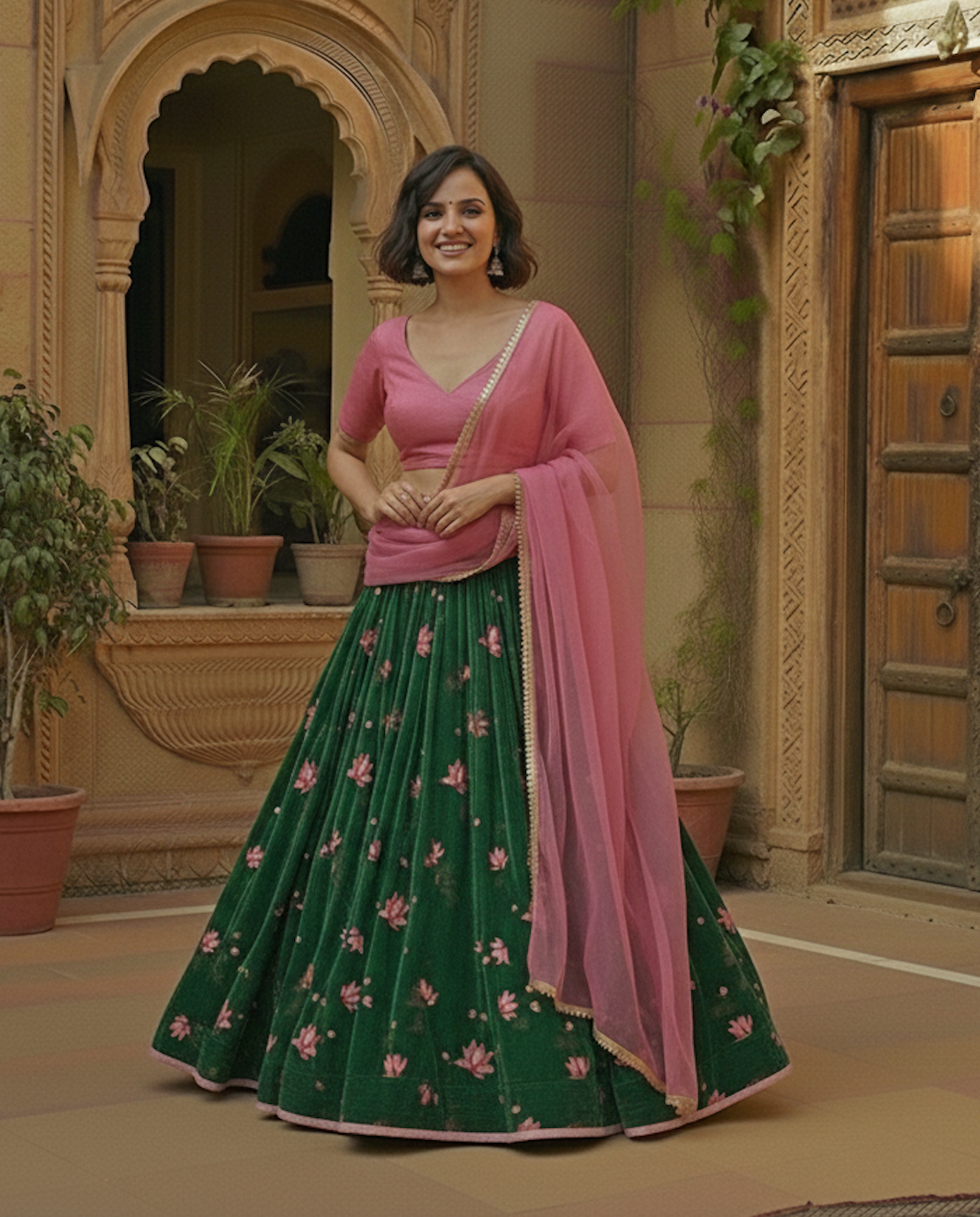 The Printed Green & Pink Lehenga Set