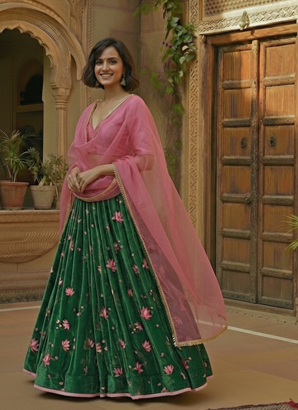 The Printed Green & Pink Lehenga Set