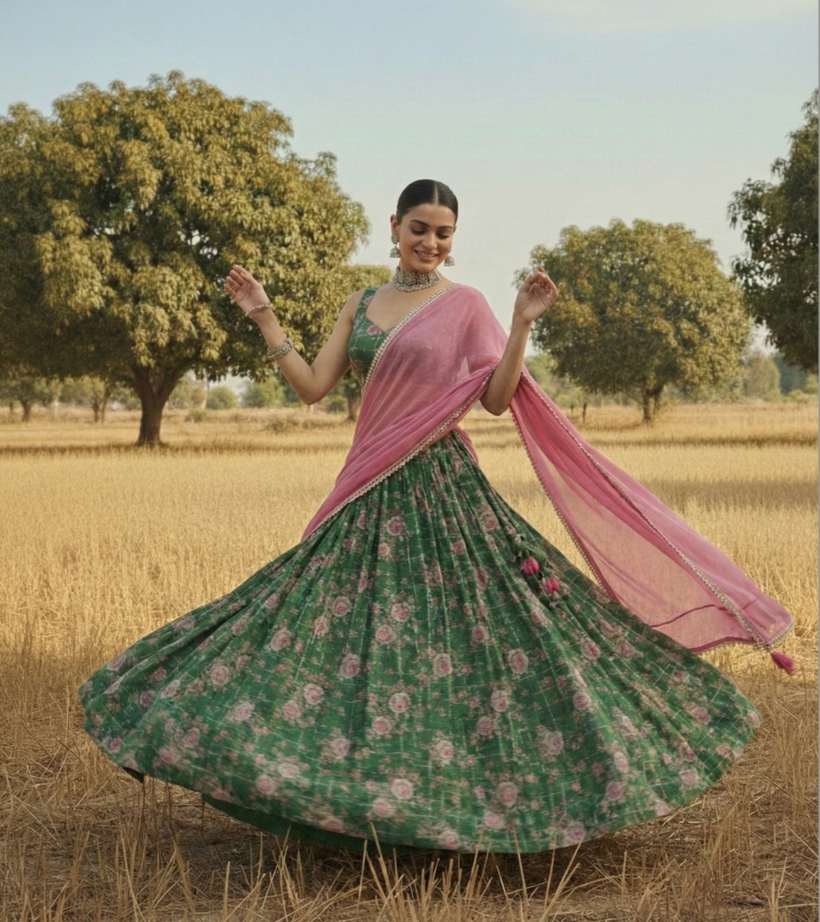 Green Floral Printed Lehenga Set
