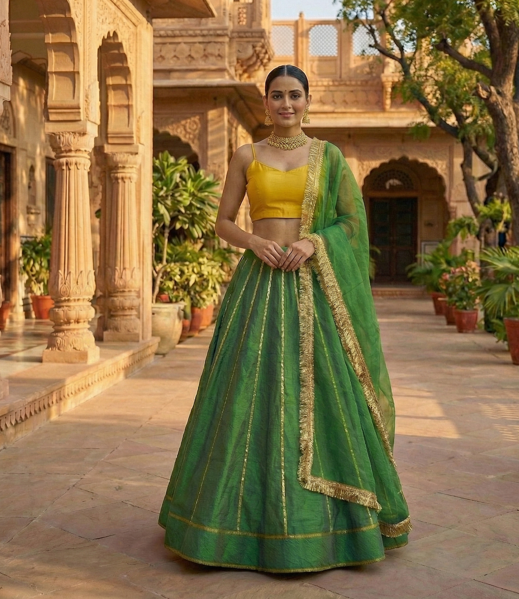 Emerald Green & Mustard Yellow Raw Silk Lehenga Set