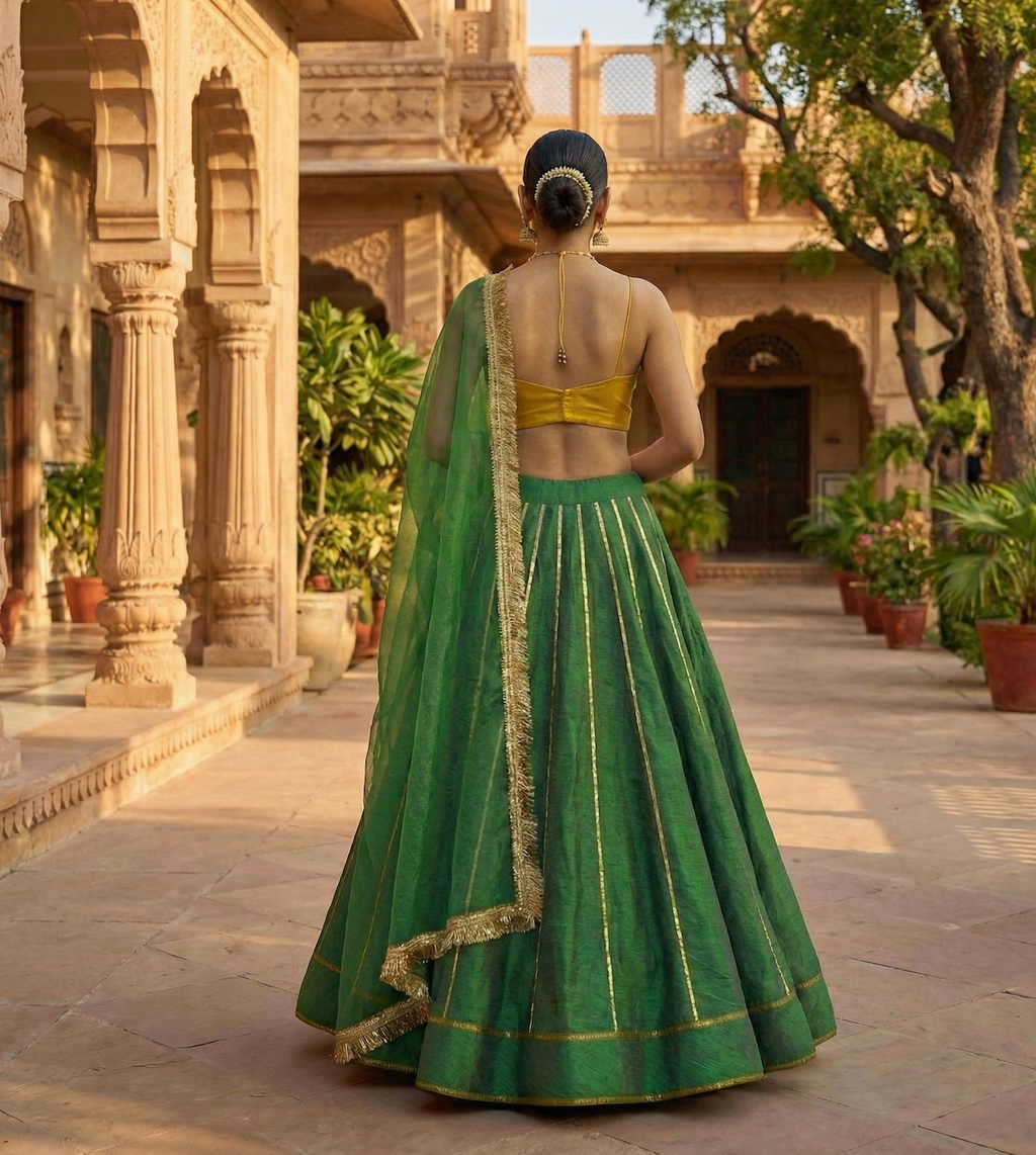 Emerald Green & Mustard Yellow Raw Silk Lehenga Set