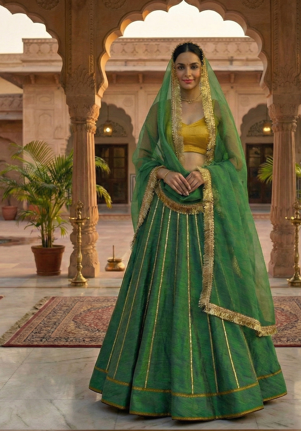Emerald Green & Mustard Yellow Raw Silk Lehenga Set